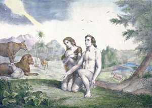 Adam a Eva v rajské zahradě, konec 19. století (barevná rytina) od French School