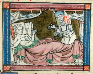 Přidat. 10293, f.107 Žena v posteli doprovázená jeptiškou, ilustrace z 