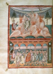Přidat 10546 f.25b Mojžíš přijímající a předávající Boží zákon na hoře Sinaj, z Moutier-Grandval Bible, osvětlené v karolinském opatství St. Martin, Tours, c.834-843 (vellum) od French School