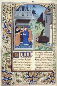 Přidat. 11696, f.136v Boccaccio pozorující mučení, z „Le Livre des Cases des Nobles et Illustres Hommes“ od Giovanniho Boccaccia, kolem 1470 (inkoust, barva a zlato na pergamenu) od French School