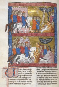 Přidat. 15268, f.75v Oidipus, nalezený Polybusem, králem Korintu, ilustrace z 