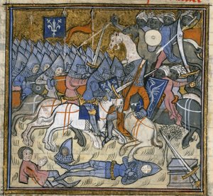 Přidat. 15269, f.124v Křižáci bojující Saracéni, ilustrace z 