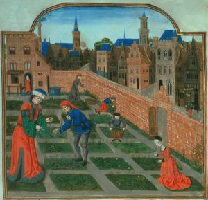 Přidat 19720 f.165 Městská zahrada obehnaná zdí, z „Livre des Profits Ruraux“ od Pietra de Crescenzi (1230-1320) (vellum) od French School