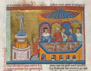 Přidat. MS 15268, fol. 242v chrám Janus se senátory stolujícími v popředí, od „Starověké historie po Caesara“ (vellum) od French School