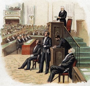 Adolphe Thiers (1797-1877), prezident republiky na pódiu Národního shromáždění v roce 1872 - Chromolitografie (Chromo) počátku 20. století. od French School