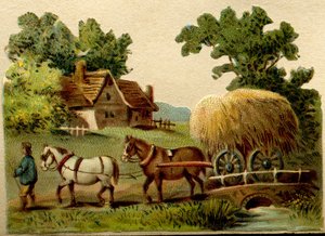 Reklamní Chromolitograf, vyřezávaný znázorňující venkovskou scénu, dva koně vedené farmářem táhnoucím vůz se slámou od French School