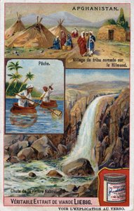 Reklamní karta zobrazující vesnici nomádského kmene na Hilmend, rybáře a pád řeky Kábul v Afghánistánu. Chromolitografie 19. století. od French School