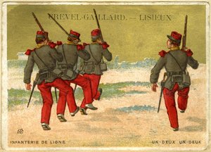 Reklamní chromolitografie Grevel-Gaillard, Lisieux, online pěchota, jedna dva, jedna dva (chromolitografie) od French School