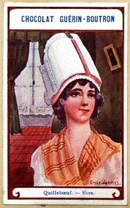 Reklamní chromolitografie čokolád Guerin Boutron, čelenky regionů Francie, Quillebœuf, Eure, ilustrace Emile Jammes (chromolitograf) od French School