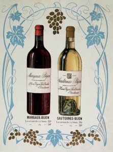 Reklama na prodej vína Margaux-Bijon (Margaux Bijon) a Sauternes-Bijon (Sauternes Bijon), 25 frs z 12 lahví, 50 frs na 25 od French School