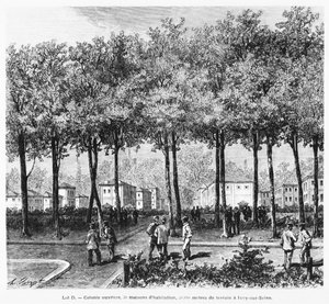 Reklama zobrazující dělnickou kolonii, ilustrace z Le Monde Illustre, 1876 od French School