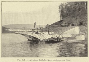 Letadlo Wilhelm Kress plující na vodě (rytina) od French School