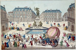 Aerostat: druhý pokus o let na balónu. Celý aerostatický glóbus Charlese a Roberta v Paříži, po cestě na balónu s vodíkovým plynem, 2.12.1783. Anonymní tisk z 18. století. Paříž, dekorativní umění od French School