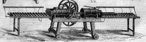 Zemědělský stroj: stroj na výrobu drenážních trubek představený na zemědělské výstavě v roce 1860 v Paříži. Rytina v „“ Le Monde Illustré““ č. 168 z 30. června od French School