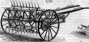 Zemědělský stroj: anglický dvojčinný obraceč představený na zemědělské soutěži v Paříži v roce 1860. Rytina v „“ Le Monde Illustré““ č. 172 z 28. července 1860. od French School