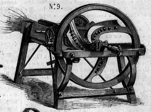 Zemědělský stroj: anglická sekera se slámou představená na zemědělské soutěži v Paříži v roce 1860. Rytina v „“ Le Monde Illustré““ č. 169 ze 7. července 1860. od French School