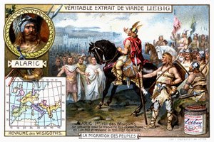 Alaric 1er, král Vizigótů, se potřetí představuje před Římem v roce 410 a požaduje kapitulaci města - reklamní viněta Liébig od French School