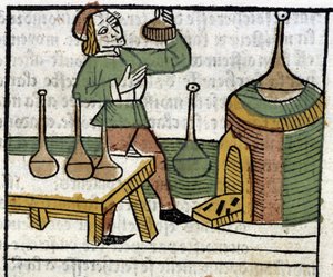 Alchymista - v „Vlastníci věcí tělesných i duchovních“ (kniha XVIII) od Glanville, Lyon od French School