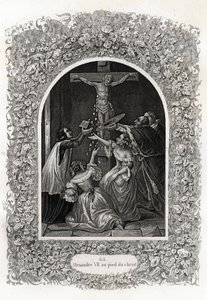 Alexander VII (Alexander nebo Alessandro) (papež 1655 až 1667) u nohou Krista. Rytina k ilustraci Histoire des Popes od Maurice Lachatre (1814-1900), librairie du progres, Paříž. od French School