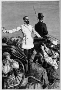Alexandr z Battenbergu - Kníže Alexandr I. po jeho abdikaci byl lidmi oslavován, když opustil Sofii. Gravírování v „The Illustrous World“ od French School