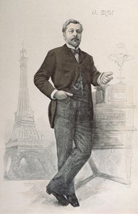 Alexandre Gustave Eiffel pózující u svého stolu s kresbou Tour Eiffel, ilustrace z La Revue Illustree, 1888 od French School