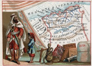 Alžírsko v Africe a provincie Oran, Francie. Seriál o francouzských departementech. Dovoz fíků, bavlny, tabáku, agathe a olova. Chromolitografie (Chromo) „“geografické vlákno“, kolem roku 1920. Soukromá sbírka. od French School