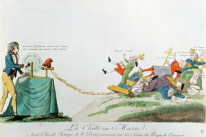 Všichni padají, elektřina generovaná Deklarací práv člověka během Francouzské revoluce převrací trůny a panovníky Evropy, kolem roku 1793 od French School