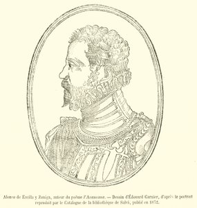 Alonso de Ercilla y Zuniga, autor básně Araucana (rytina) od French School