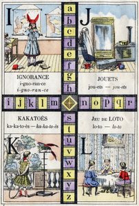 Abeceda a písmeno I J K a L, nevědomost, hračky, kakatoes a hra lotto. ABC malých dívek. Epinální zobrazování od French School