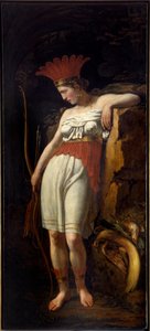 Americká alegorie Nového světa jako mladá indická žena nosící peří a luk a šípy. Malba francouzské školy 19. století. La Rochelle, Muzeum Nového světa od French School