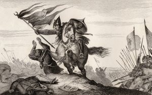 Francouzský rytíř v bitvě z 8. století, z Colartovy knihy "Histoire de France", vydané kolem roku 1840 (rytina) od French School