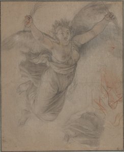 Alegorická ženská postava (černé a červené křídy, zvýrazněné bílou barvou, na hnědém křídovém papíře) od French School