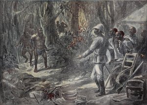 Anglický cestovatel Lloyd objevuje Pygmee při objevování Afriky. Rytina v „“ Le Pelerin“ 8/04/1899. od French School