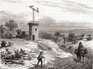Letecká telegrafní pošta z 18. století z Les Merveilles de la Science, publikovaná kolem roku 1870 (rytina) od French School