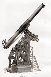 Rovníkový dalekohled na pařížské observatoři ve Francii v 19. století z Les Merveilles de la Science, publikovaný kolem roku 1870 (rytina) od French School
