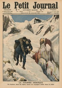 Hrdinské kolo, alpský pošťák zachraňující cestovatele uvízlého ve sněhu, ilustrace přední obálky z 