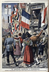 Starý francouzský voják v Němci okupovaném Štrasburku má povoleno vyvěšovat francouzskou vlajku – „Le Petit Journal“ 20. září 1908 (rytina) od French School