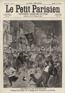 Anarchistický bombový útok na procesí Corpus Christi opouštějící kostel Santa Maria, Barcelona, Španělsko od French School