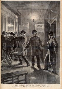 Anarchisté v Anglii. Policie provedla razii v Autonomy Club v Londýně. Anarchisté v Anglii. Policie v London Autonomist Club. Ilustrace pro Le petit Journal, 5. března 1894 od French School