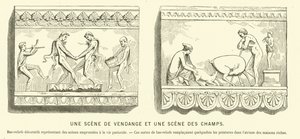Starověké římské basreliéfy zobrazující sklizeň hroznů a scénu na polích (rytina) od French School