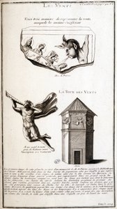Starověké znázornění větru a větrné věže - rytina od French School