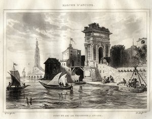 Ancona - Ancona - Itálie - Trajanův oblouk, starořímské dílo připisované Apollodorovi - Oblouk je umístěn v Anconě - Rytina z „“Itálie malebné““ – Historická a popisná malba Itálie“ od M. de Norvinse, Ch. Nodier 1834-1836. od French School