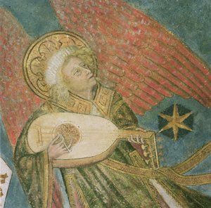 Andělský hudebník hrající na loutnu, detail z klenby krypty od French School
