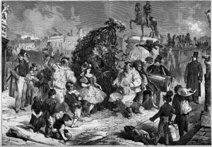 Každoroční svátek malých komínů v ulicích Londýna, Anglie, květen 1860. Během tance oslavujícího příchod jara dělá dítě s diváky quete; Rytina v „Le Monde Illustré““ č. 160 z 12. května 1860. od French School