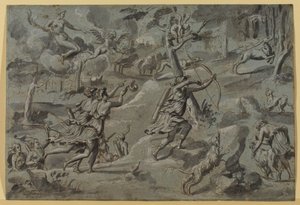 Anonymní podle mistra Dianina tapisérie, Diane, lovící se svými společníky, terčem lukostřelce Amour, c. 1590-1600, šedé praní od French School