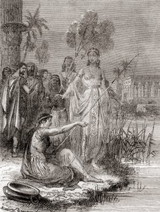 Anthony a Cleopatra loví s flotilou menších plavidel na Nilu, z „Les Merveilles de la Science“, vydáno kolem roku 1870 (rytina) od French School