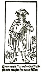 Apokryfní portrét básníka Francoise Villona ve „The Grand Testament“ - „Cy commence le grant codicille & testamet maistre Francois Villon““ (zde začíná velký codicille et testament) vydání P Levet 1489 (dřevořez) od French School