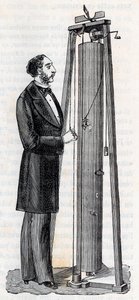 Přístroj od Arthura Julese Morina (1795-1880) přístroj pro studium pádu těl - Rytí do „“ Vědy přivedené do milosti všech – Populární fyzika a chemie““ od Alexise Clerca – Konec 19. století – Soukromá sbírka od French School