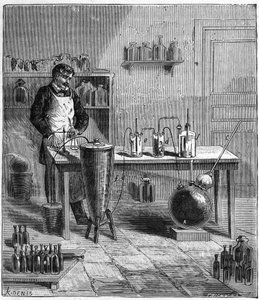 Přístroj Eugena SOUBEIRANA (1797-1858) na přípravu jedlé sody - Rytí do „“ Vědy přinesené do milosti všech – Populární fyzika a chemie““ od Alexise Clerca – Konec 19. století – Soukromá sbírka od French School