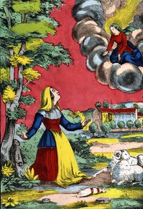Zjevení se Svaté Panny svaté sestře Benoite, známé jako pastýřka z Laus. Obrázek Epinal, první polovina 19. století od French School